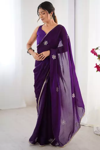 Women's purple soft fendy embroidered designer saree with blouse