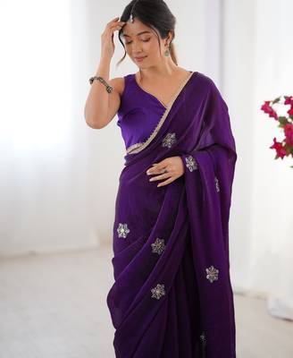 Women's purple soft fendy embroidered designer saree with blouse 4