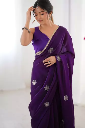 Women's purple soft fendy embroidered designer saree with blouse