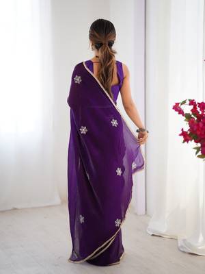 Women's purple soft fendy embroidered designer saree with blouse 5