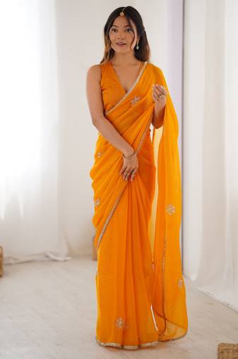 Women's yellow soft fendy embroidered designer saree with blouse