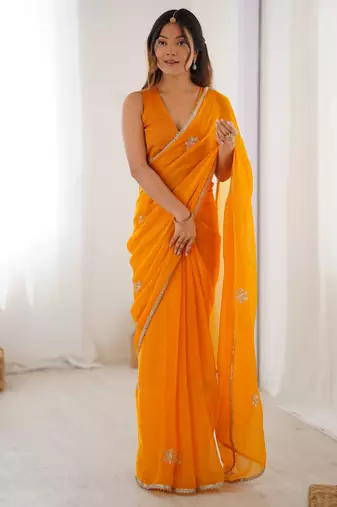 Women's yellow soft fendy embroidered designer saree with blouse