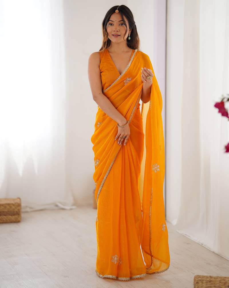 Women's yellow soft fendy embroidered designer saree with blouse