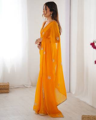 Women's yellow soft fendy embroidered designer saree with blouse 3