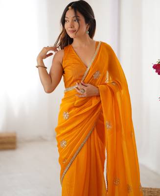 Women's yellow soft fendy embroidered designer saree with blouse 4