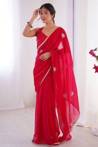 Women's pink soft fendy embroidered designer saree with blouse