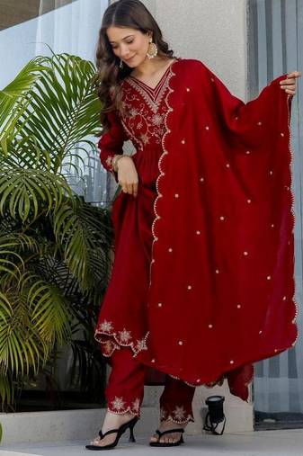 maroon embroidered vichitra silk flared anarkali pant and dupatta set