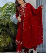 maroon embroidered vichitra silk flared anarkali pant and dupatta set