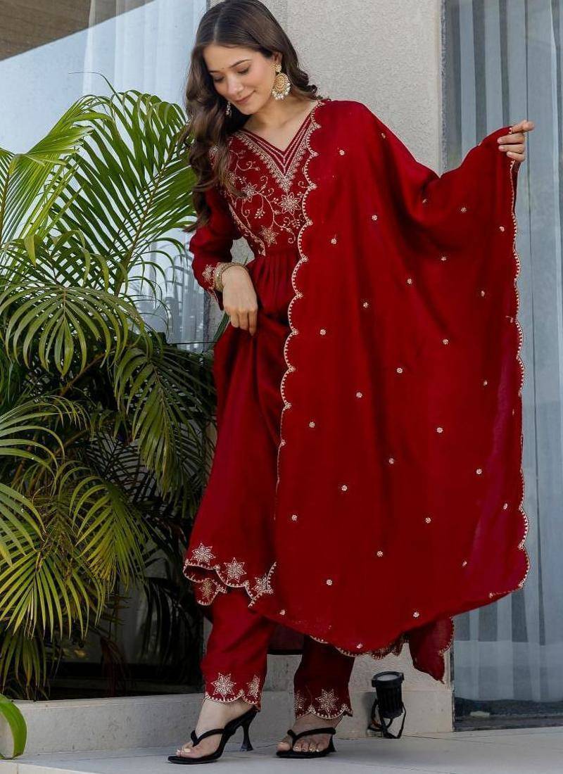 maroon embroidered vichitra silk flared anarkali pant and dupatta set