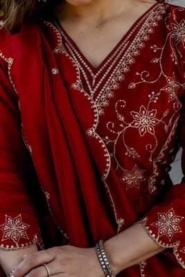 maroon embroidered vichitra silk flared anarkali pant and dupatta set 2