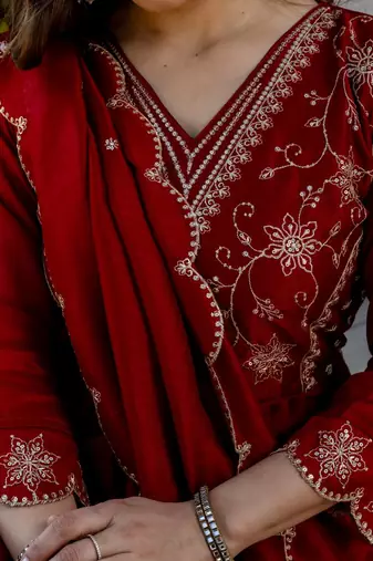 maroon embroidered vichitra silk flared anarkali pant and dupatta set