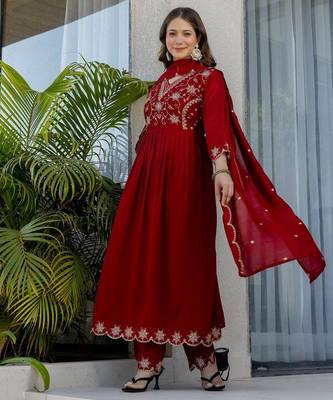 maroon embroidered vichitra silk flared anarkali pant and dupatta set 3