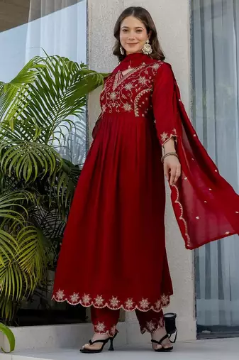 maroon embroidered vichitra silk flared anarkali pant and dupatta set