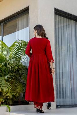 maroon embroidered vichitra silk flared anarkali pant and dupatta set 4