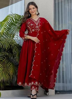 maroon embroidered vichitra silk flared anarkali pant and dupatta set 5