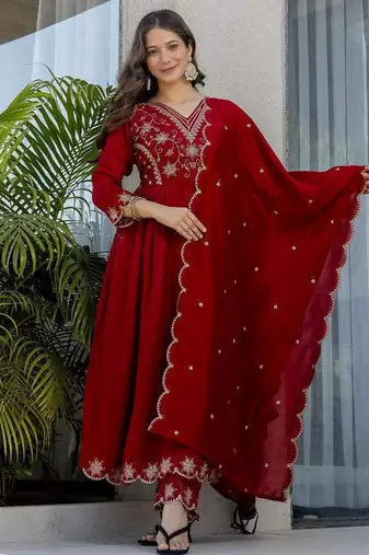 maroon embroidered vichitra silk flared anarkali pant and dupatta set