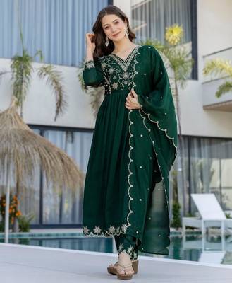 green embroidered vichitra silk flared anarkali pant and dupatta set 1