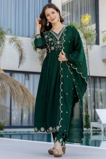 green embroidered vichitra silk flared anarkali pant and dupatta set