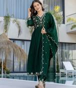 green embroidered vichitra silk flared anarkali pant and dupatta set