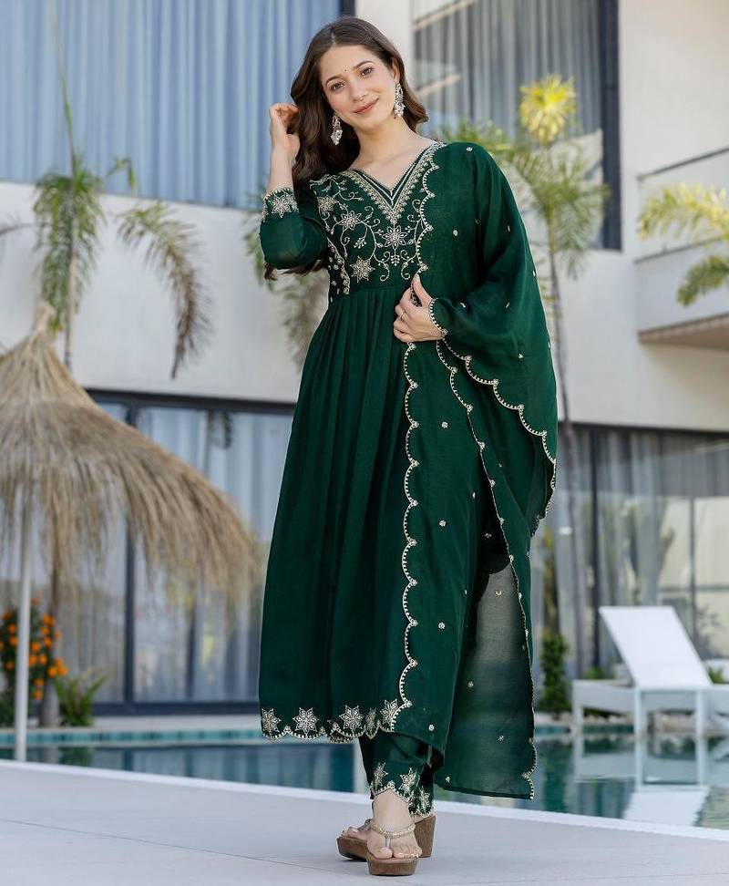 green embroidered vichitra silk flared anarkali pant and dupatta set