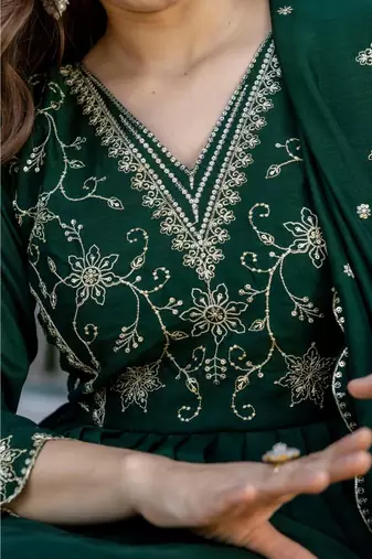 green embroidered vichitra silk flared anarkali pant and dupatta set