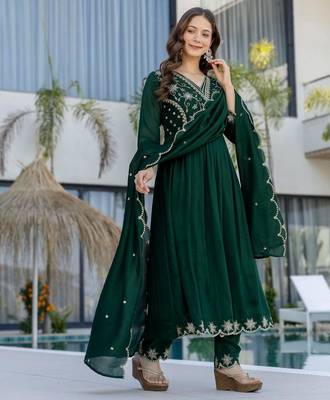 green embroidered vichitra silk flared anarkali pant and dupatta set 3