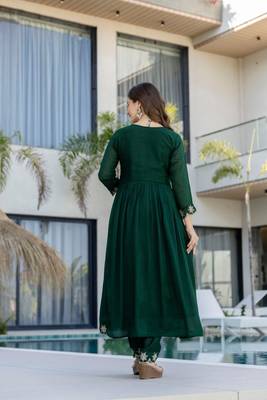 green embroidered vichitra silk flared anarkali pant and dupatta set 4