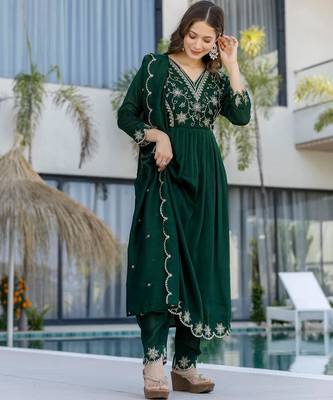 green embroidered vichitra silk flared anarkali pant and dupatta set 5