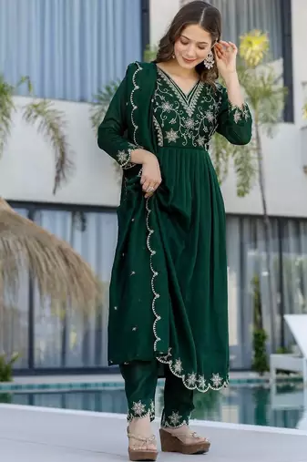 green embroidered vichitra silk flared anarkali pant and dupatta set