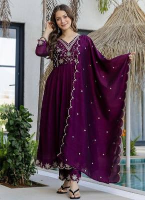 purple embroidered vichitra silk flared anarkali pant and dupatta set 1