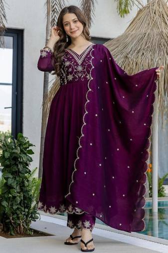 purple embroidered vichitra silk flared anarkali pant and dupatta set