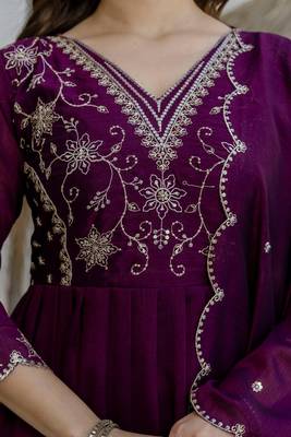 purple embroidered vichitra silk flared anarkali pant and dupatta set 2