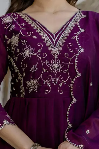 purple embroidered vichitra silk flared anarkali pant and dupatta set