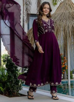 purple embroidered vichitra silk flared anarkali pant and dupatta set 3