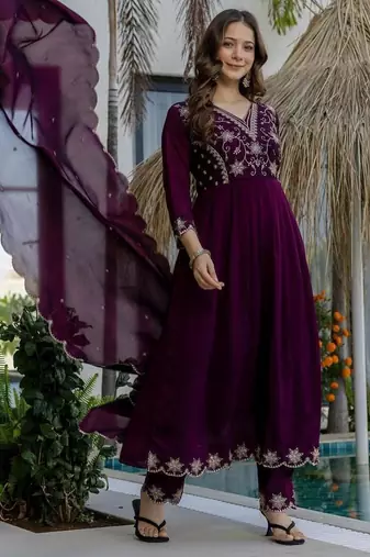 purple embroidered vichitra silk flared anarkali pant and dupatta set