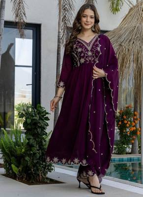 purple embroidered vichitra silk flared anarkali pant and dupatta set 5