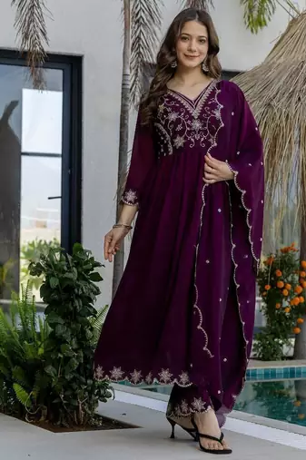purple embroidered vichitra silk flared anarkali pant and dupatta set