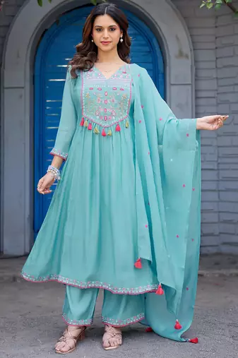 Women Ethnic Motifs Embroidered  Thread Work Chanderi  Kurta with Palazzos &  Dupatta