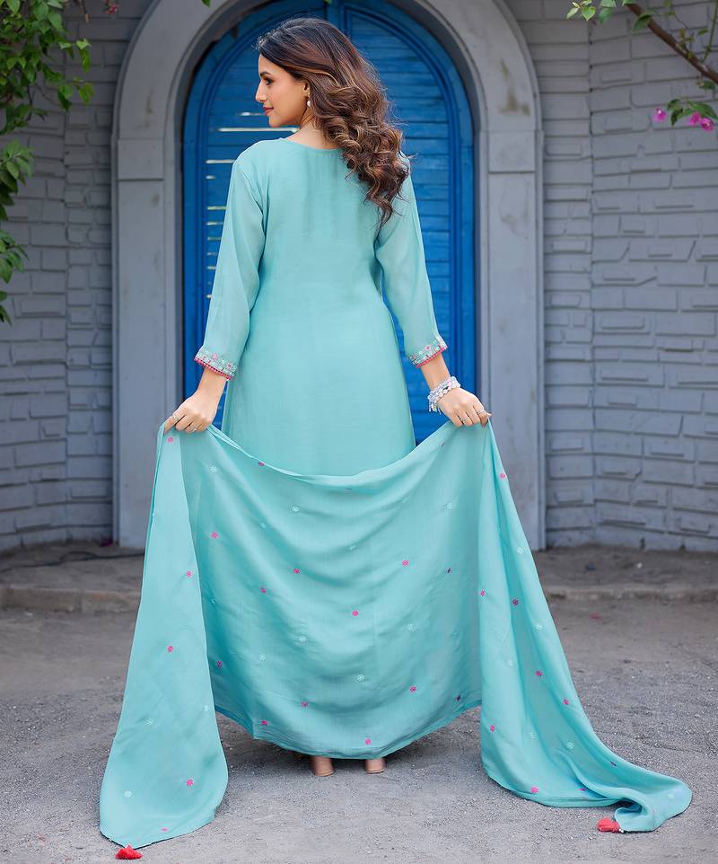 Women Ethnic Motifs Embroidered  Thread Work Chanderi  Kurta with Palazzos &  Dupatta