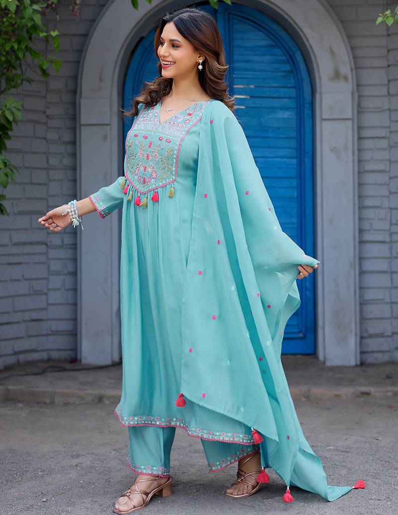 Women Ethnic Motifs Embroidered  Thread Work Chanderi  Kurta with Palazzos &  Dupatta