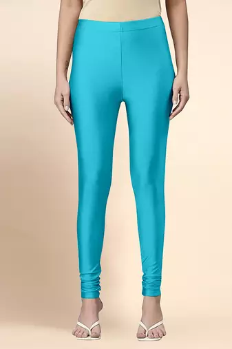 Turquoise Microfiber elastane stretch soft churidar length leggings with ultrasoft waistband