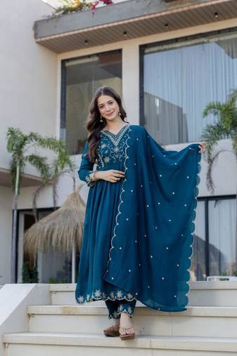 teal embroidered vichitra silk flared anarkali pant and dupatta set