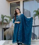 teal embroidered vichitra silk flared anarkali pant and dupatta set