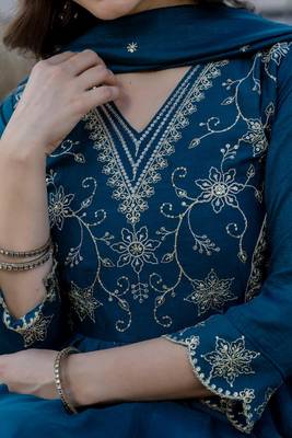 teal embroidered vichitra silk flared anarkali pant and dupatta set 2