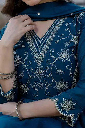 teal embroidered vichitra silk flared anarkali pant and dupatta set