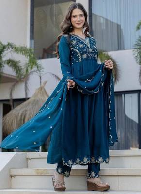 teal embroidered vichitra silk flared anarkali pant and dupatta set 3