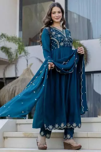 teal embroidered vichitra silk flared anarkali pant and dupatta set