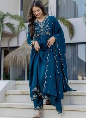 teal embroidered vichitra silk flared anarkali pant and dupatta set 5