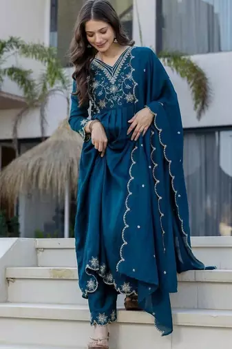 teal embroidered vichitra silk flared anarkali pant and dupatta set