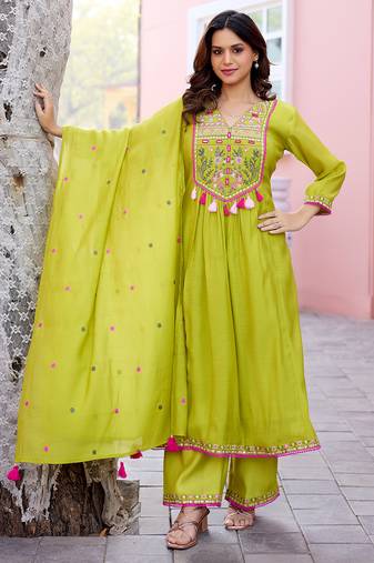 Women Ethnic Motifs Embroidered  Thread Work Chanderi  Kurta with Palazzos &  Dupatta